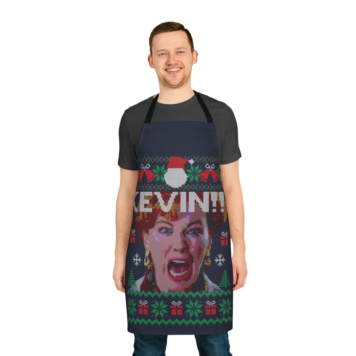 Retro 90s-style apron featuring Home Alone movie imagery and graphics