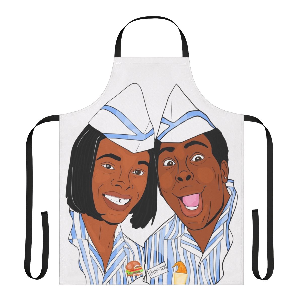 Person wearing a blue and white apron with a "Good Burger" movie-themed design