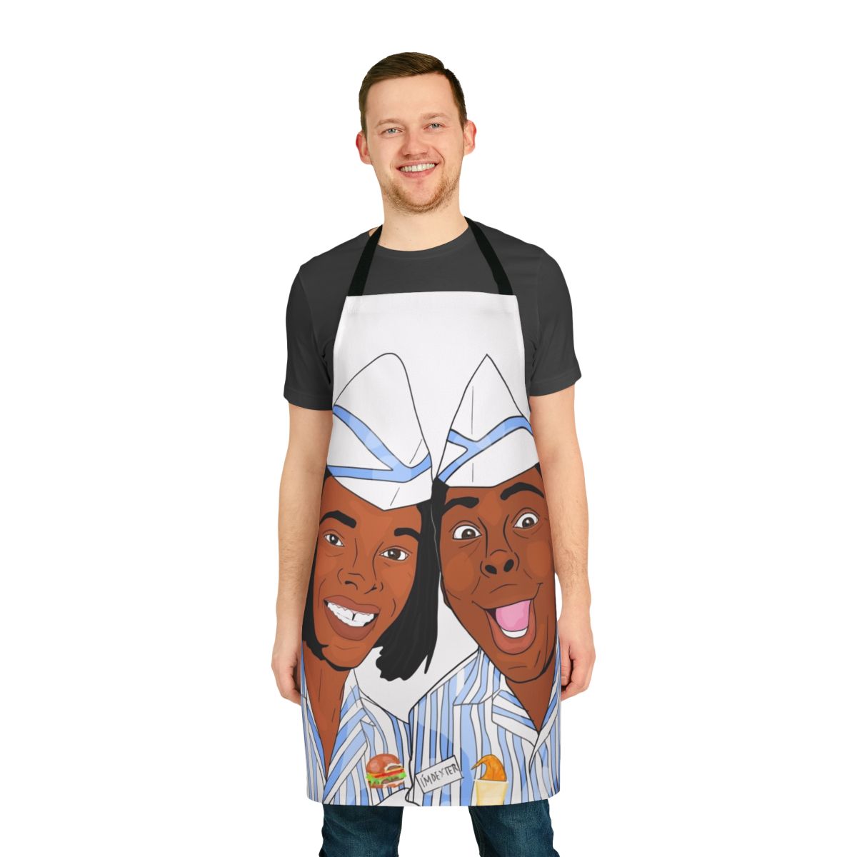Person wearing a blue and white apron with a "Good Burger" movie-themed design