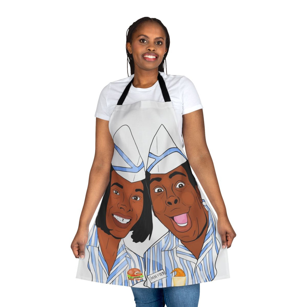 Person wearing a blue and white apron with a "Good Burger" movie-themed design