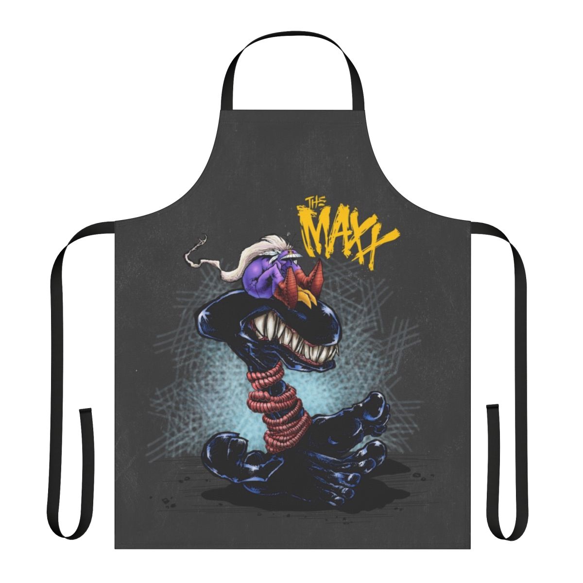 Retro 90s inspired apron featuring characters from Maxx Isz and other 90s pop culture references