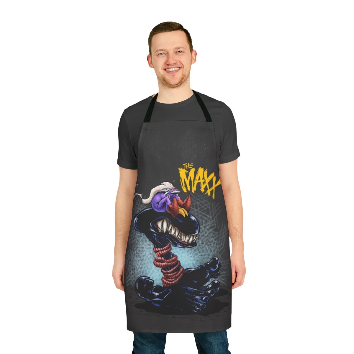 Retro 90s inspired apron featuring characters from Maxx Isz and other 90s pop culture references