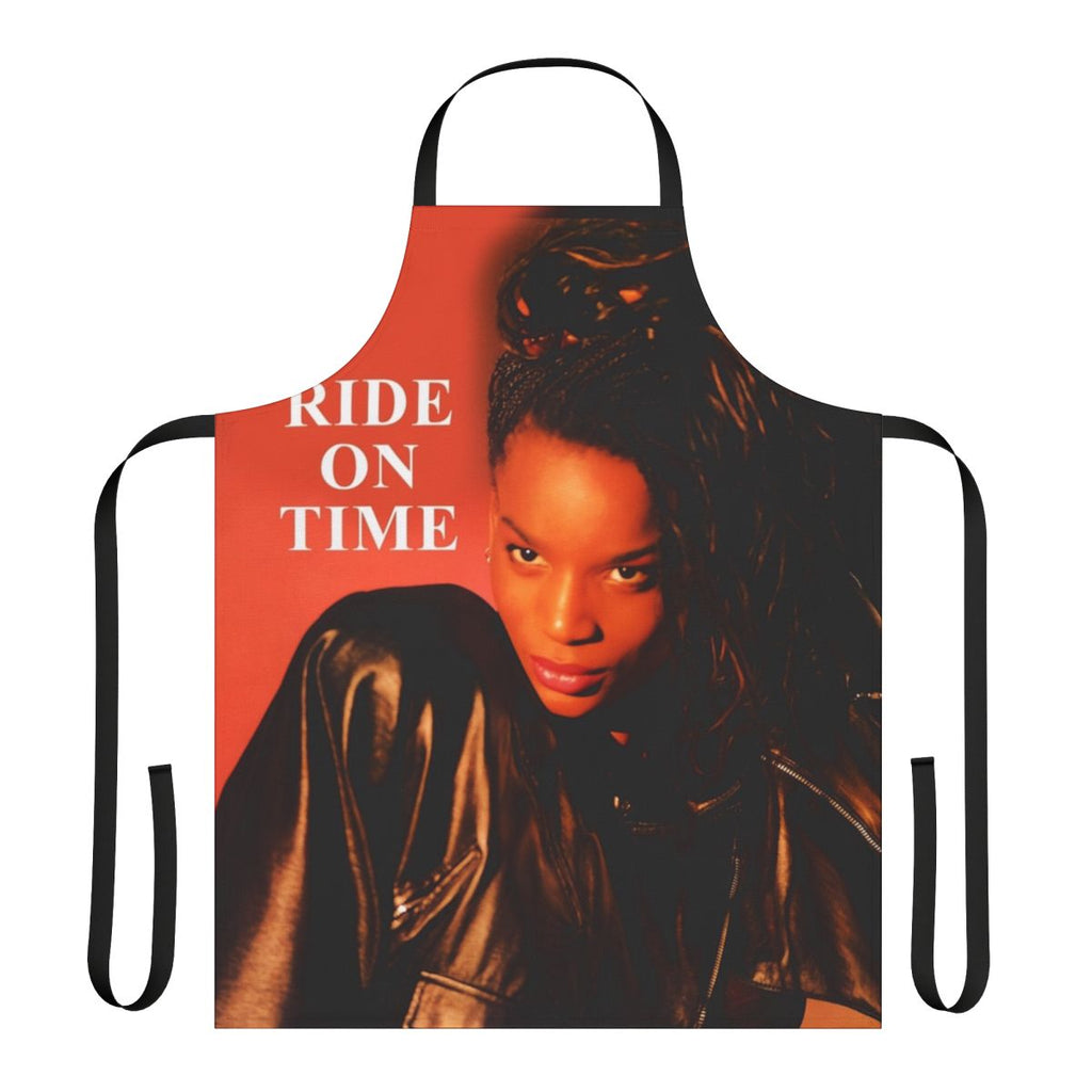Retro 90s music-inspired apron with "Black Box Band Ride On Time" text