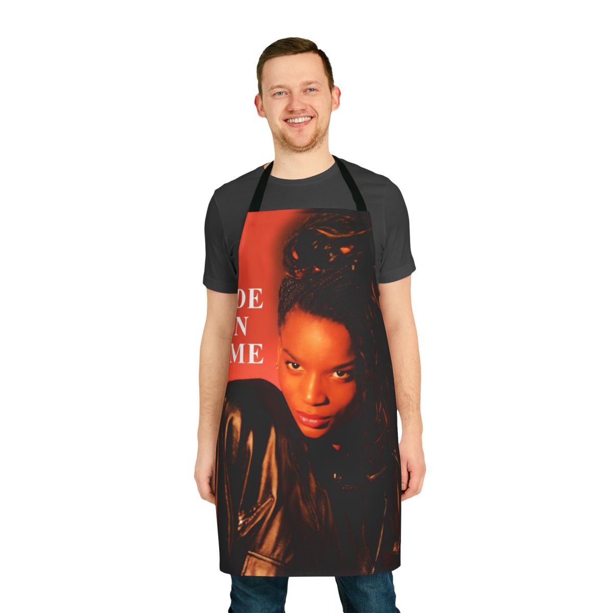 Retro 90s music-inspired apron with "Black Box Band Ride On Time" text