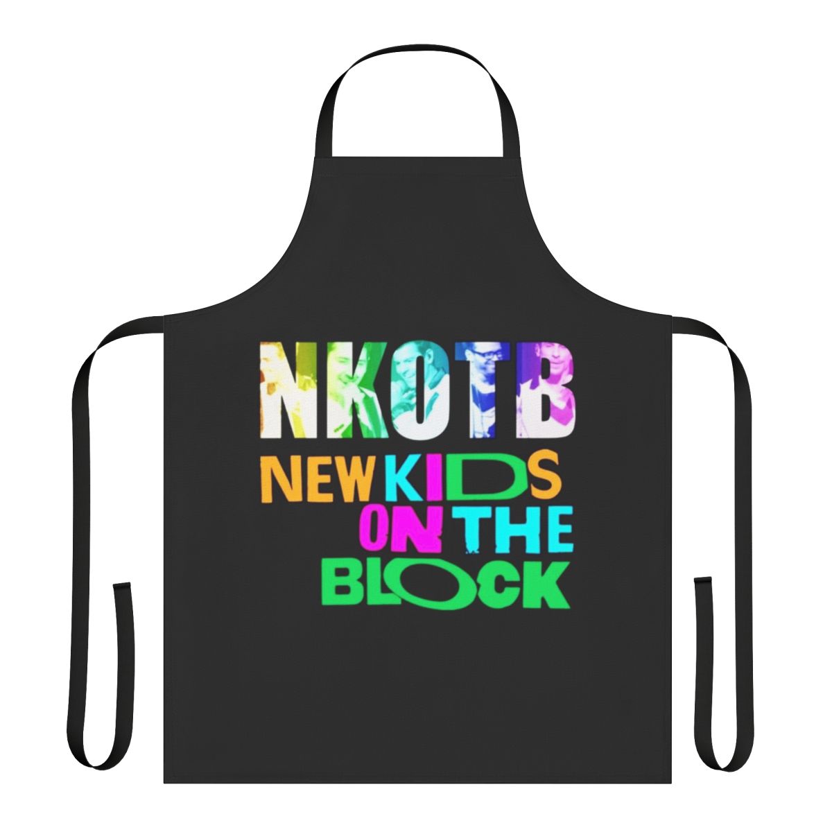 Retro-style apron featuring the text "New Kids on the Block" and a 90s boy band design