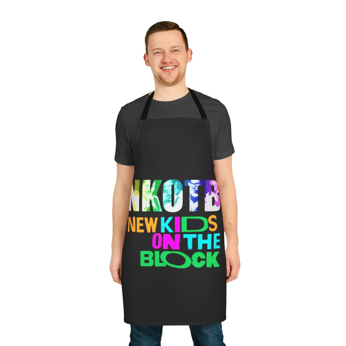 Retro-style apron featuring the text "New Kids on the Block" and a 90s boy band design