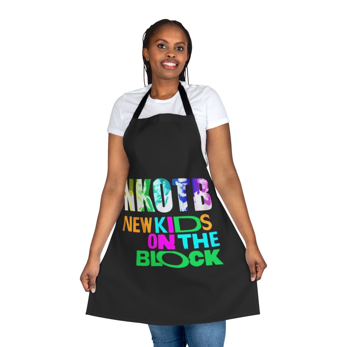 Retro-style apron featuring the text "New Kids on the Block" and a 90s boy band design