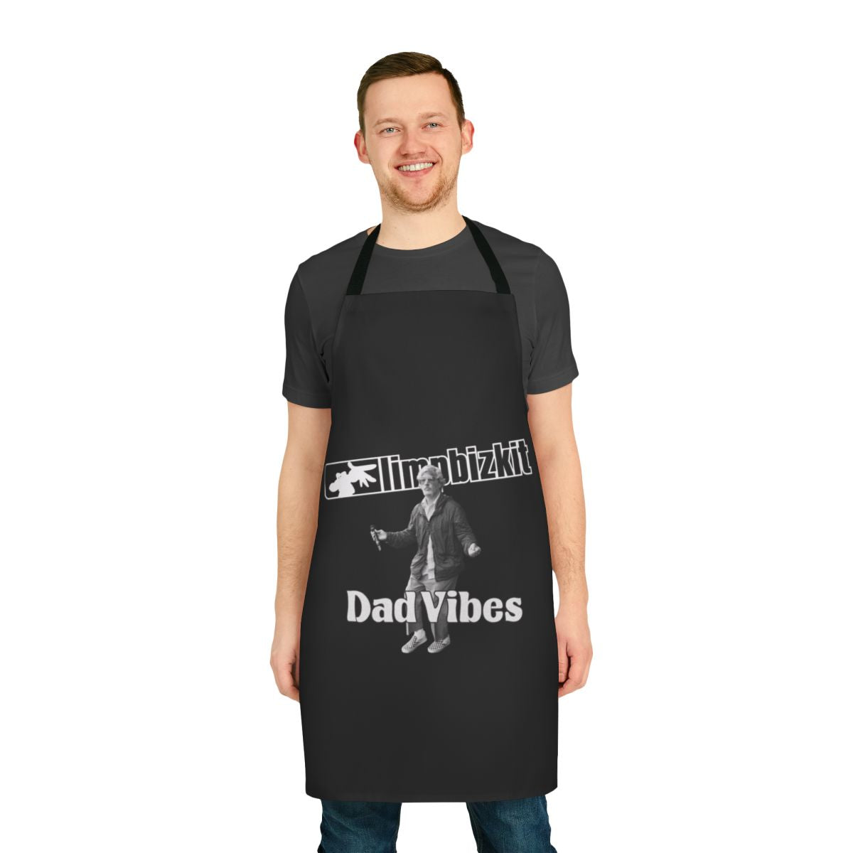 Limp Bizkit inspired apron with a retro 90s nu metal design featuring the band's logo and "new single dad vibes" text