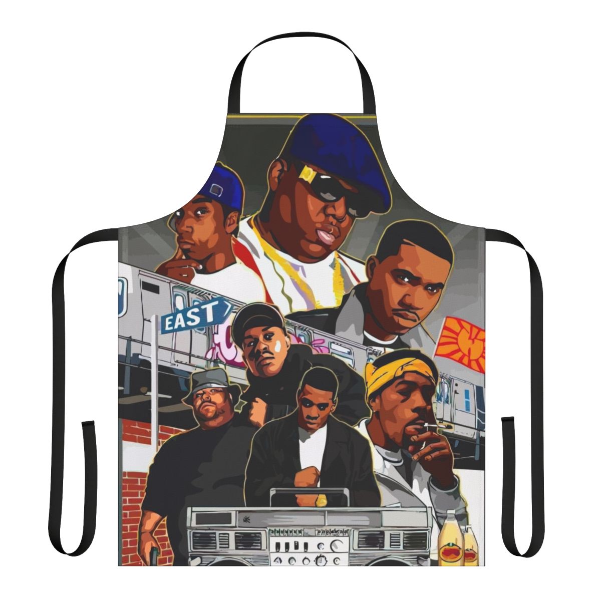 Retro 90s rap inspired red and white apron with NWA and hip hop references