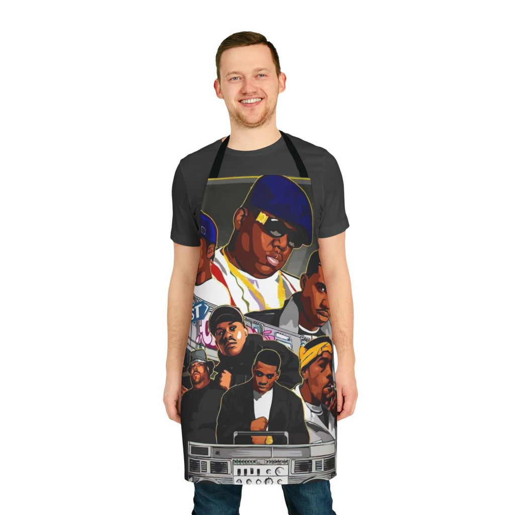 Retro 90s rap inspired red and white apron with NWA and hip hop references