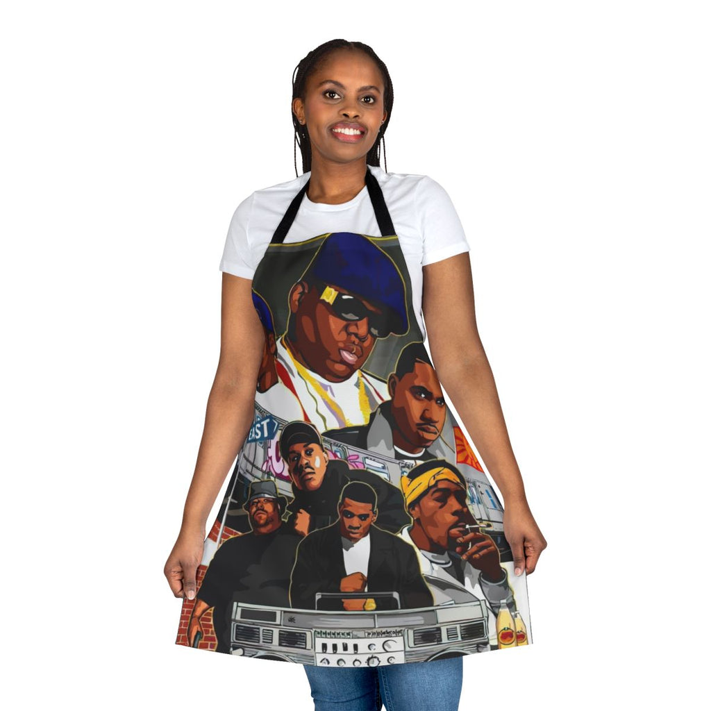 Retro 90s rap inspired red and white apron with NWA and hip hop references