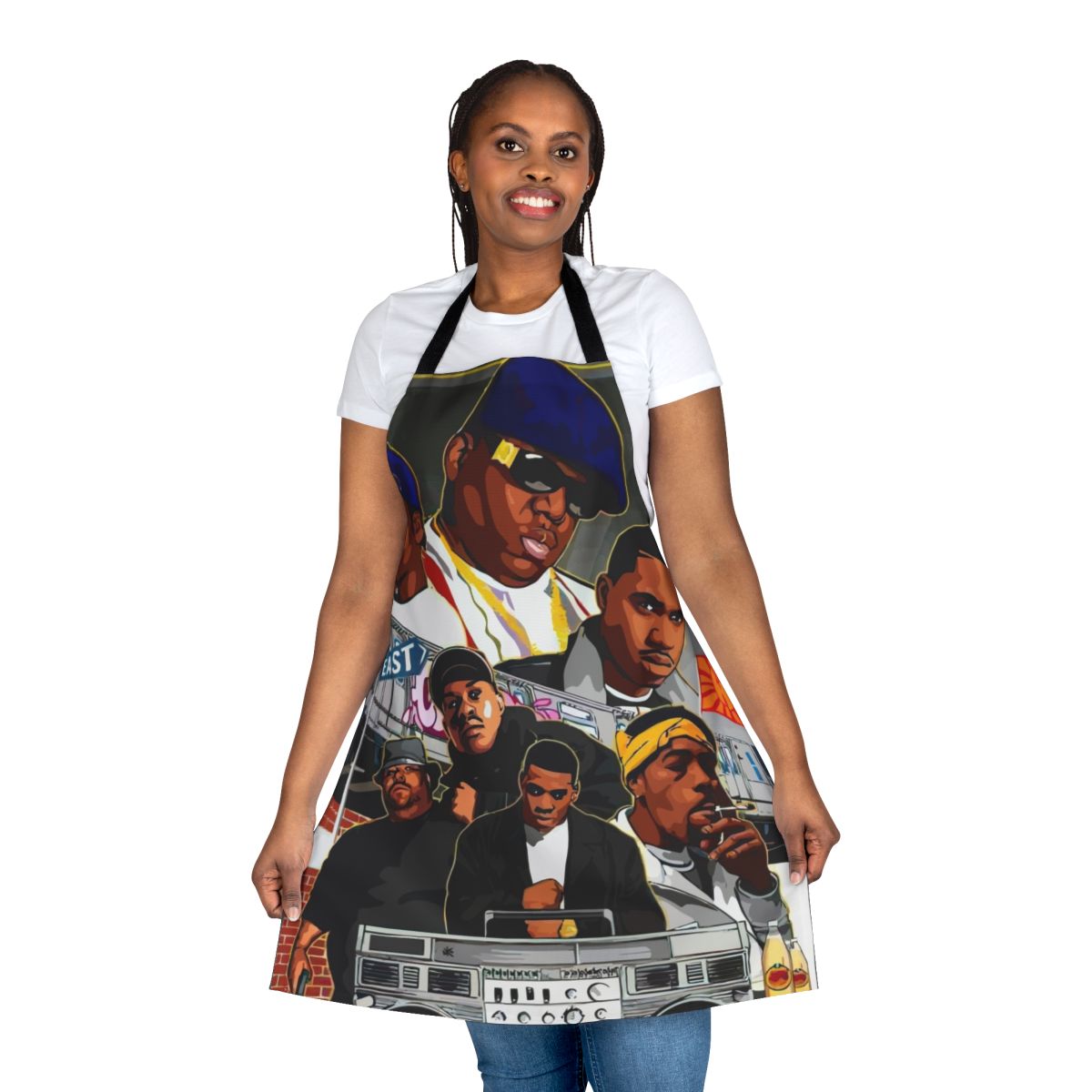 Retro 90s rap inspired red and white apron with NWA and hip hop references