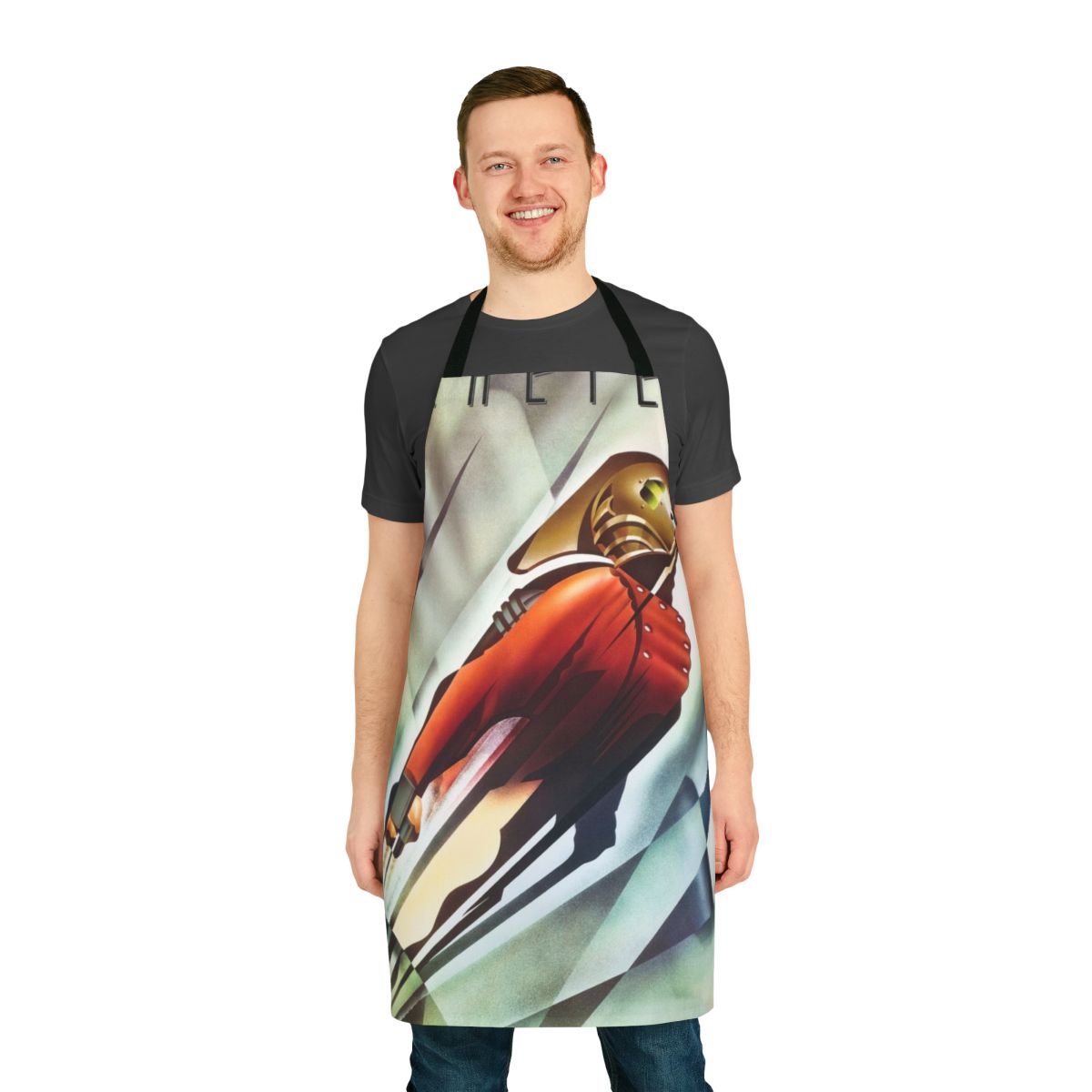 A vintage-style apron featuring the iconic Rocketeer logo and design