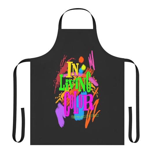 Retro 90s TV comedy inspired kitchen apron featuring vibrant colors and designs
