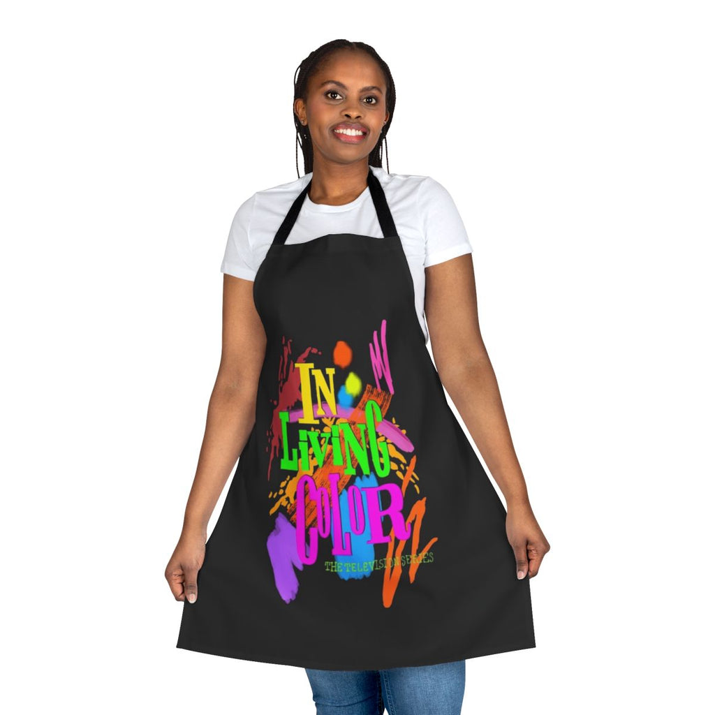 Retro 90s TV comedy inspired kitchen apron featuring vibrant colors and designs
