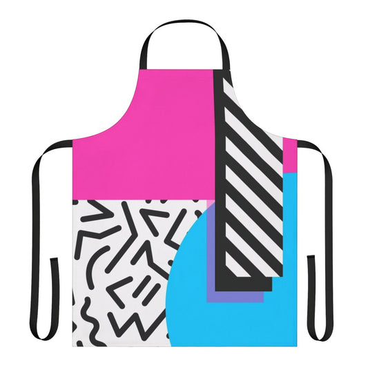 Colorful abstract apron featuring a retro Memphis-style geometric pattern in hot pink and other vibrant colors.