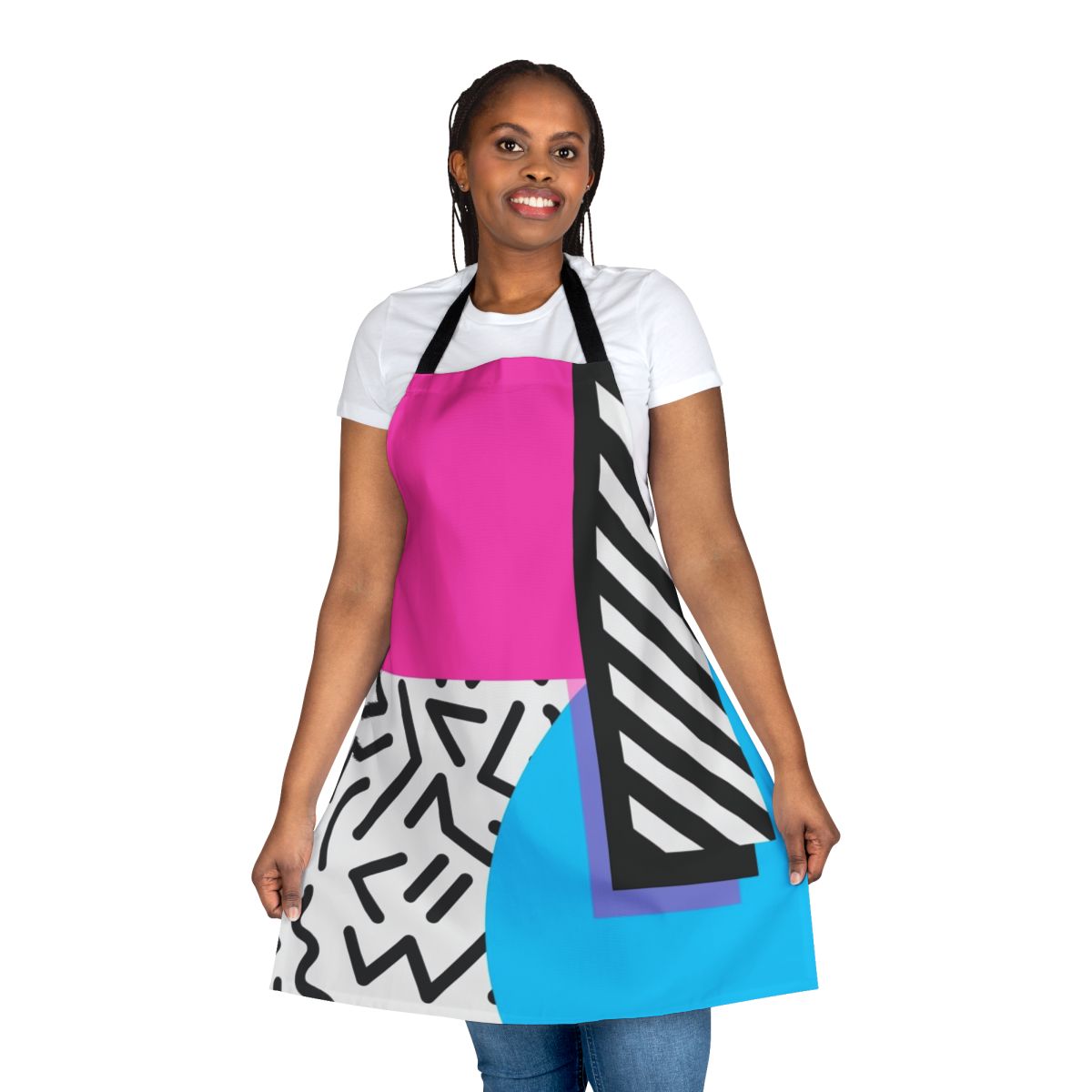 Colorful abstract apron featuring a retro Memphis-style geometric pattern in hot pink and other vibrant colors.