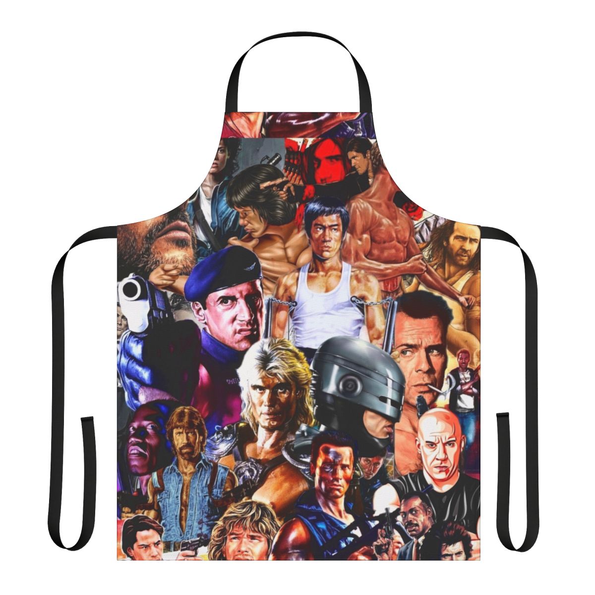 Retro collage design featuring action movie stars and scenes from the 1980s and 1990s on a high-quality apron.