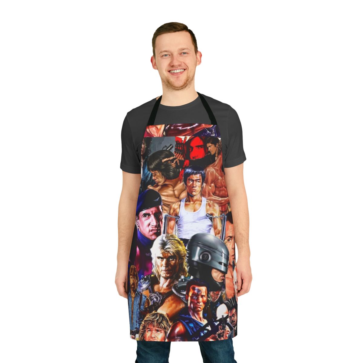 Retro collage design featuring action movie stars and scenes from the 1980s and 1990s on a high-quality apron.