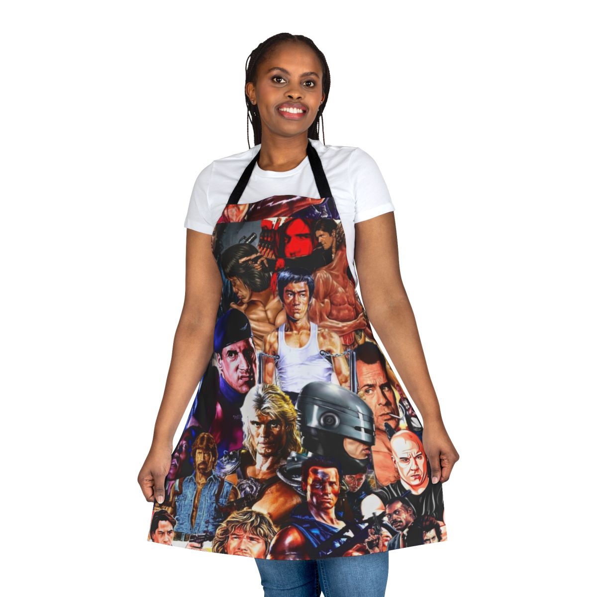 Retro collage design featuring action movie stars and scenes from the 1980s and 1990s on a high-quality apron.