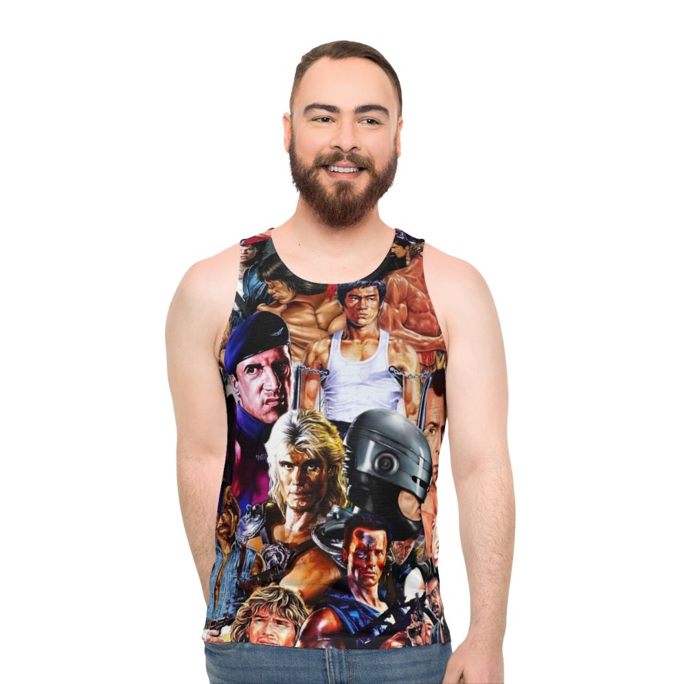 Collage of action heroes from 1980s and 1990s movies on a unisex tank top