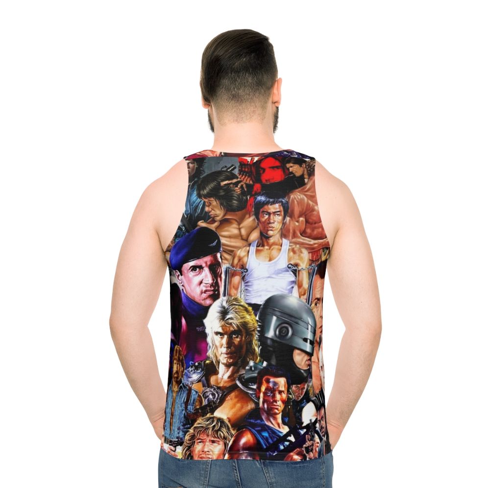 Collage of action heroes from 1980s and 1990s movies on a unisex tank top