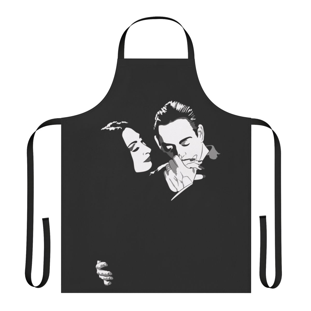 Stylized black and white apron featuring Morticia and Gomez Addams from the classic Addams Family TV show and movies.