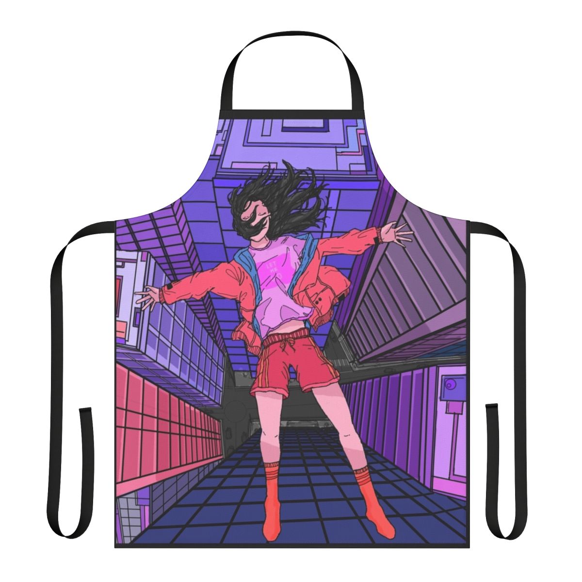 Retro-style apron featuring a "Let Me Go" design with lo-fi, vaporwave, and cyberpunk aesthetic elements.