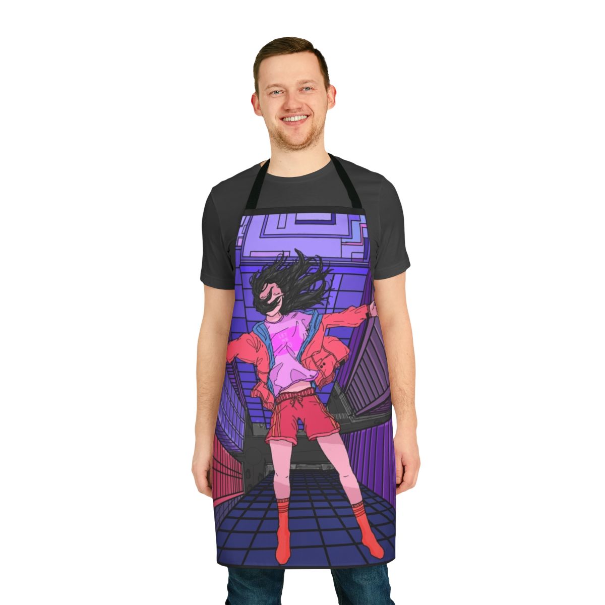 Retro-style apron featuring a "Let Me Go" design with lo-fi, vaporwave, and cyberpunk aesthetic elements.
