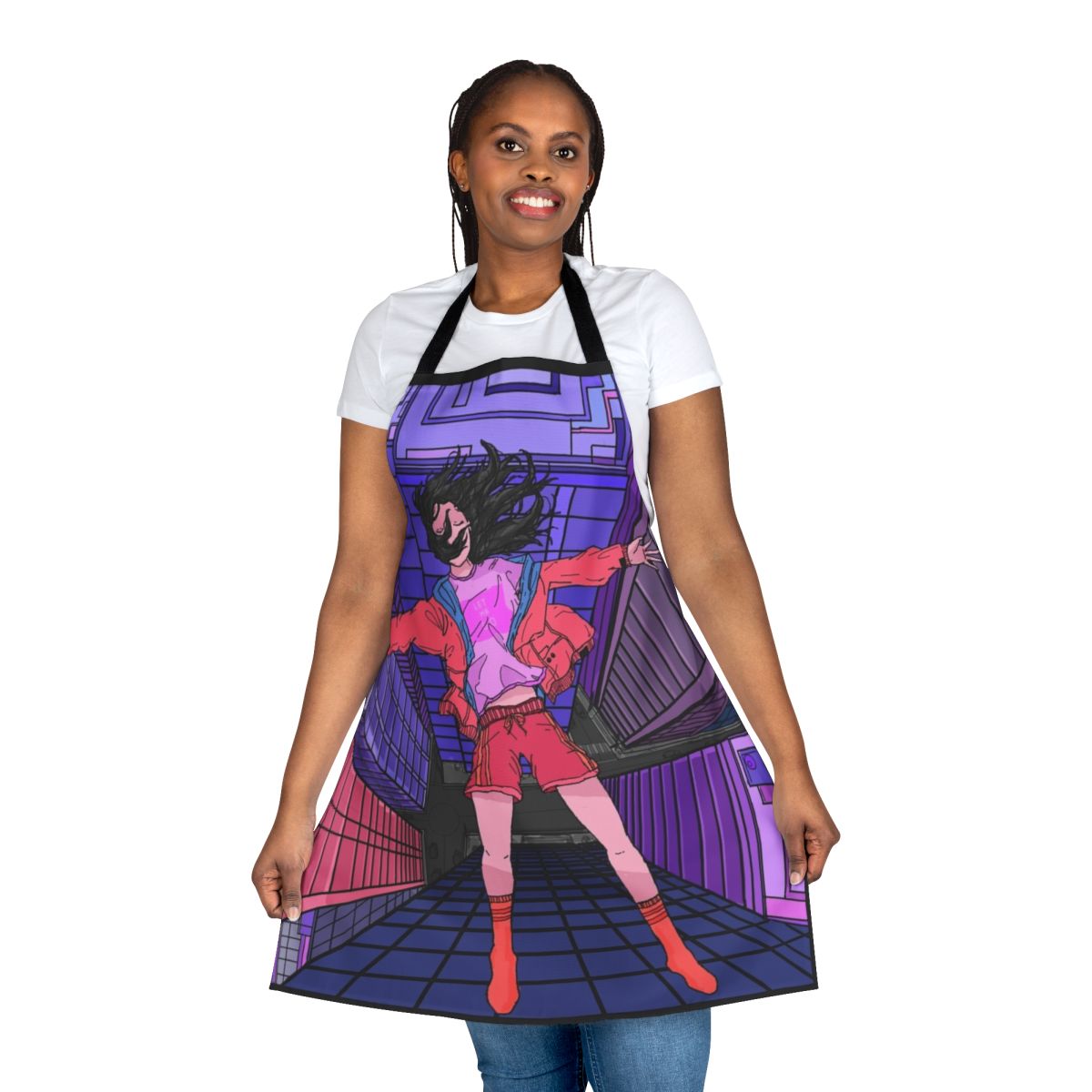 Retro-style apron featuring a "Let Me Go" design with lo-fi, vaporwave, and cyberpunk aesthetic elements.