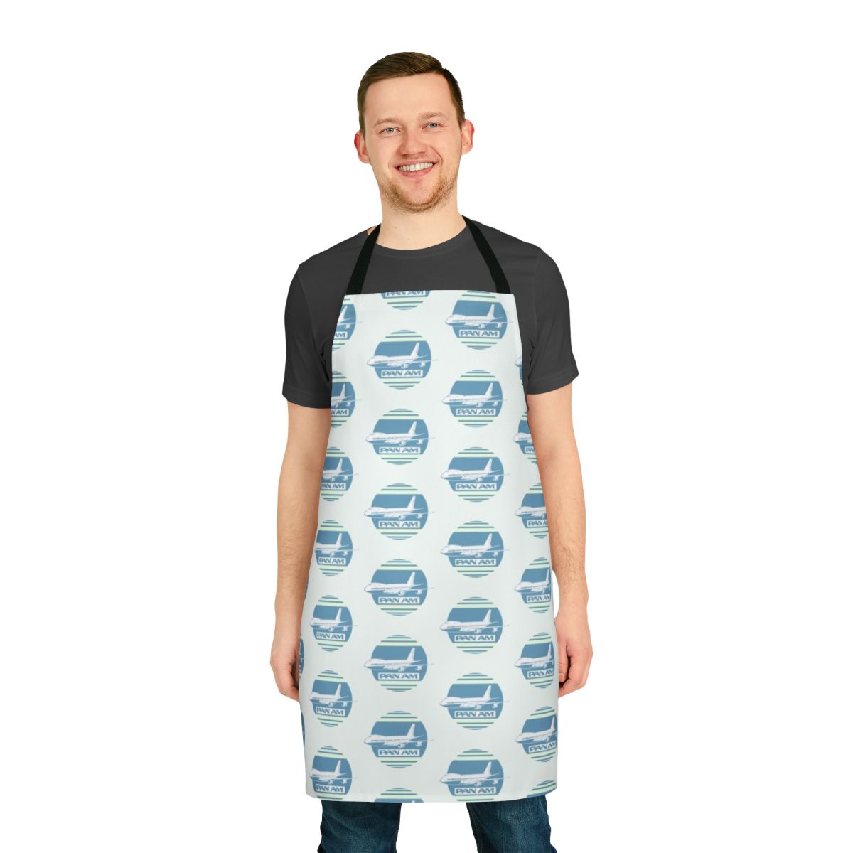 Retro-styled airplane apron with Pan Am colors and logo