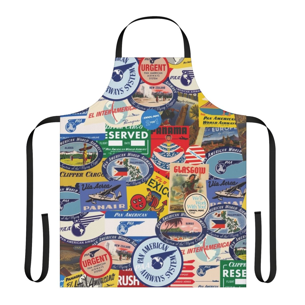 Vintage-style apron featuring a retro Pan Am travel sticker pattern design