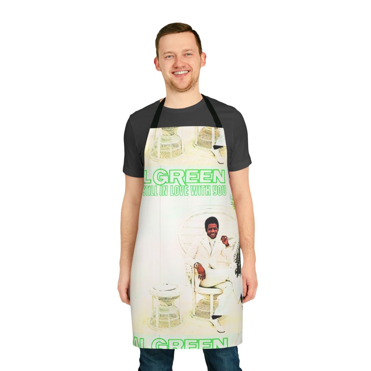 Retro apron featuring a vintage album cover design with a funky, soulful music theme