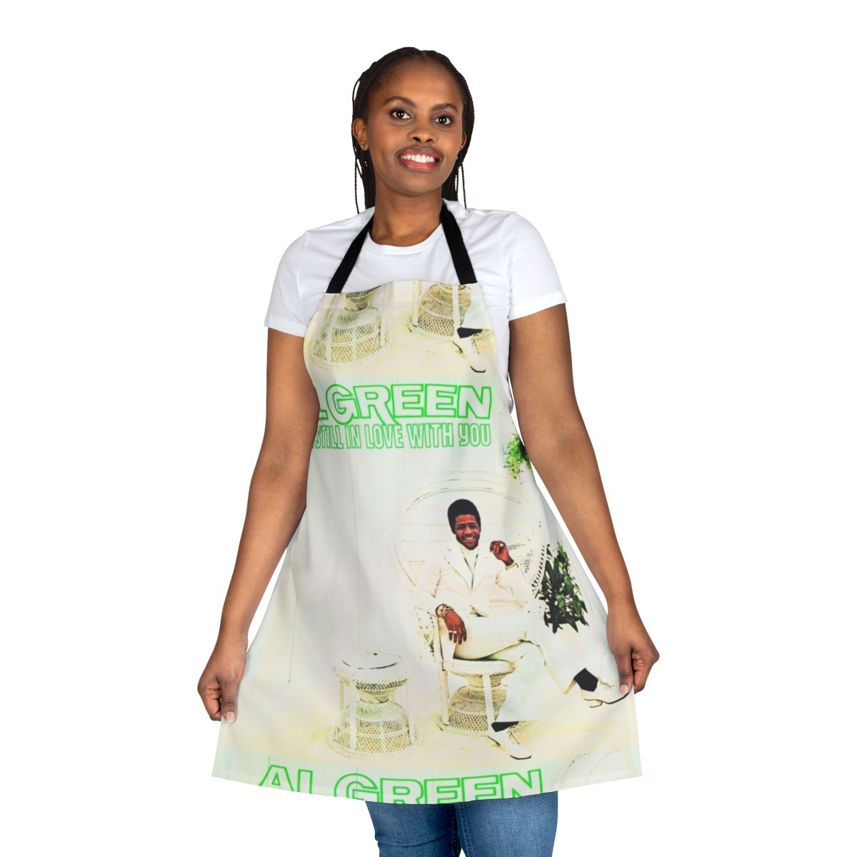 Retro apron featuring a vintage album cover design with a funky, soulful music theme