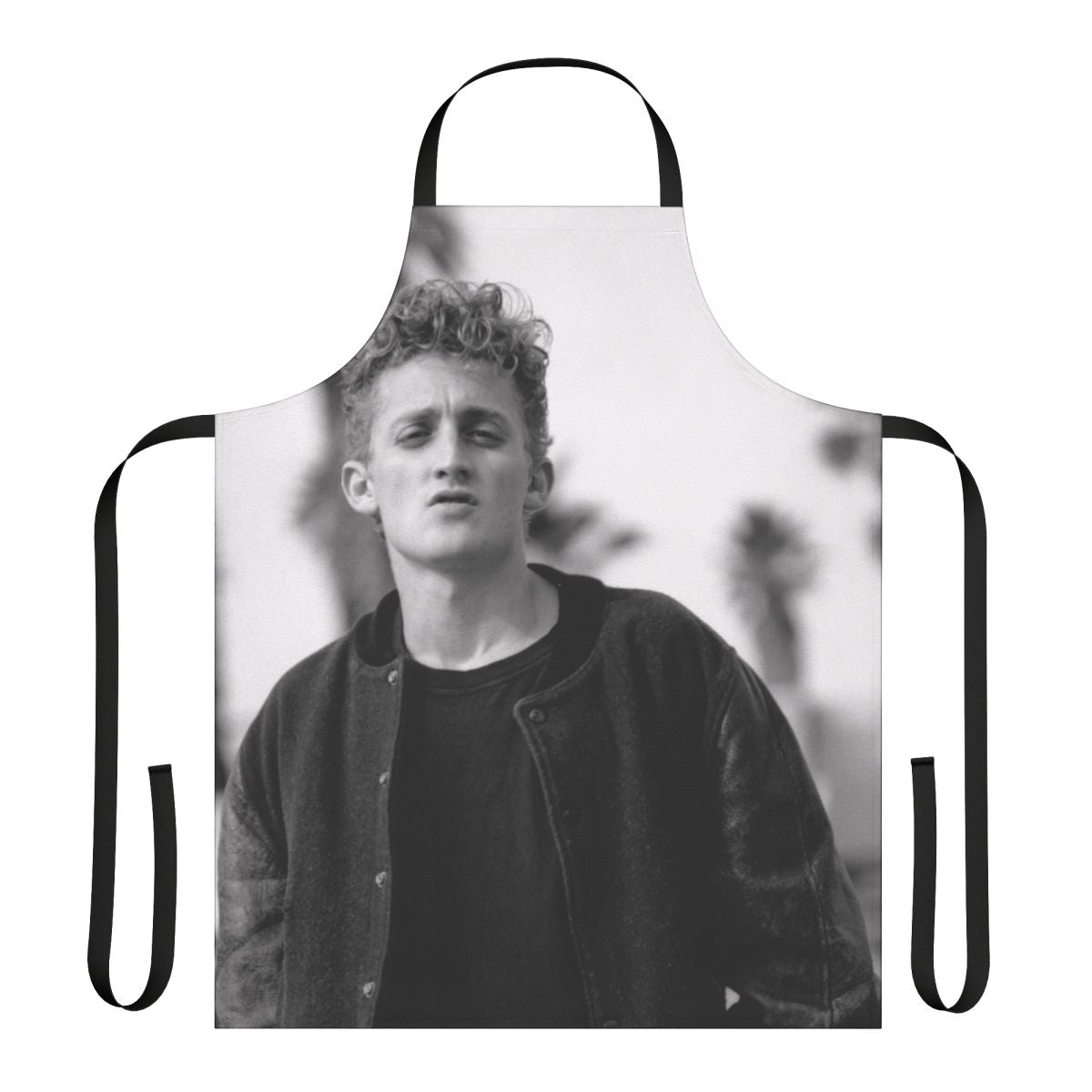 A black and white portrait photo of actor Alex Winter printed on a cotton apron