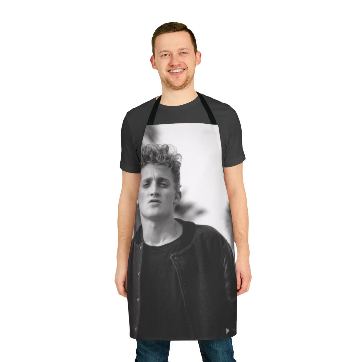 A black and white portrait photo of actor Alex Winter printed on a cotton apron