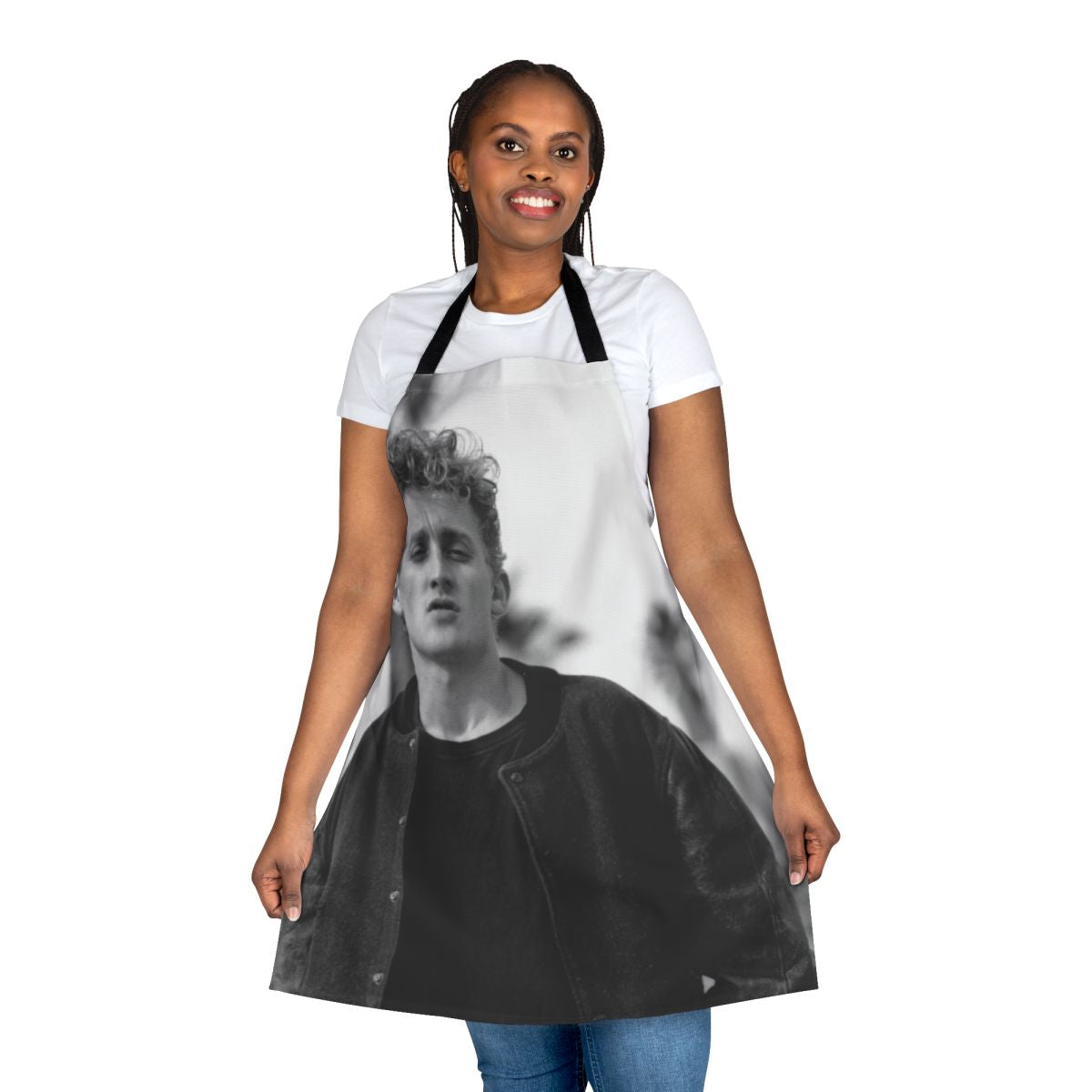 A black and white portrait photo of actor Alex Winter printed on a cotton apron