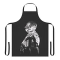 Retro Alfred Hitchcock inspired apron featuring the iconic Psycho house and horror movie imagery