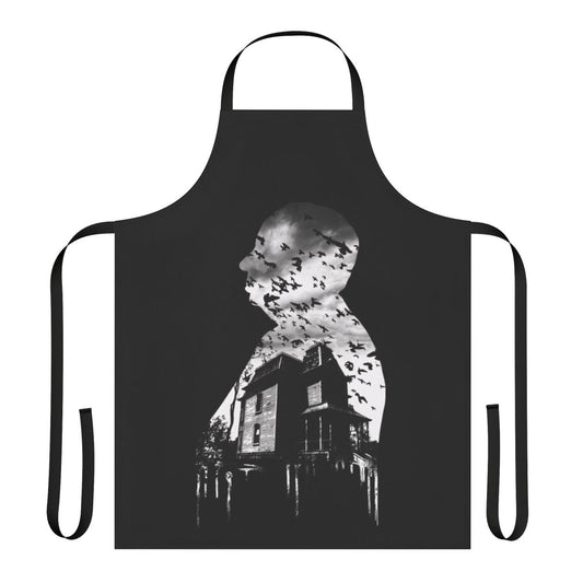 Retro Alfred Hitchcock inspired apron featuring the iconic Psycho house and horror movie imagery