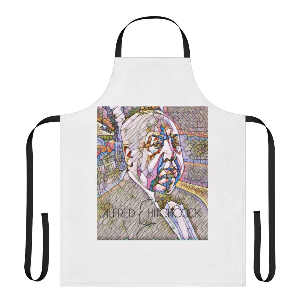 Vintage-style cooking apron featuring an illustration of legendary filmmaker Alfred Hitchcock
