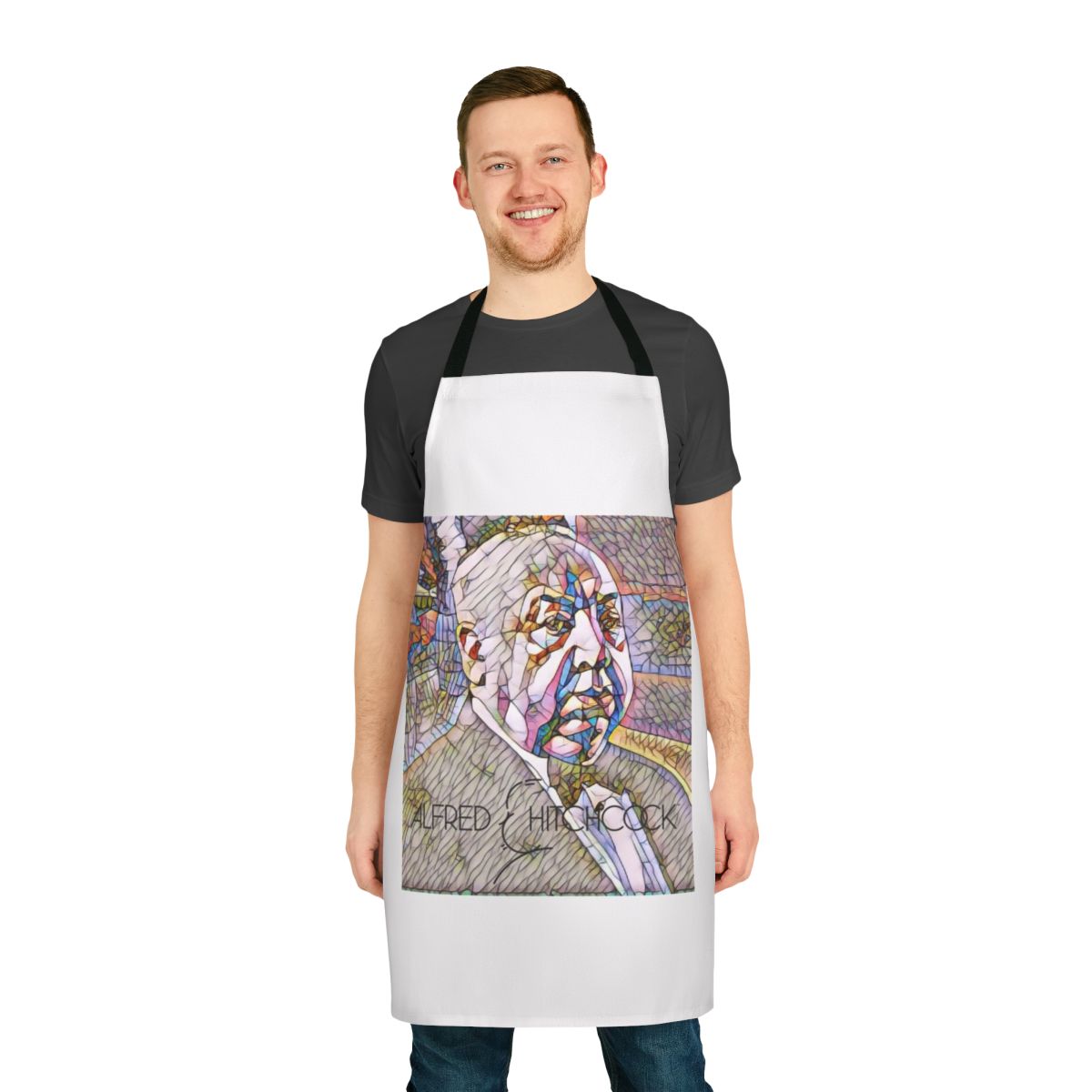 Vintage-style cooking apron featuring an illustration of legendary filmmaker Alfred Hitchcock