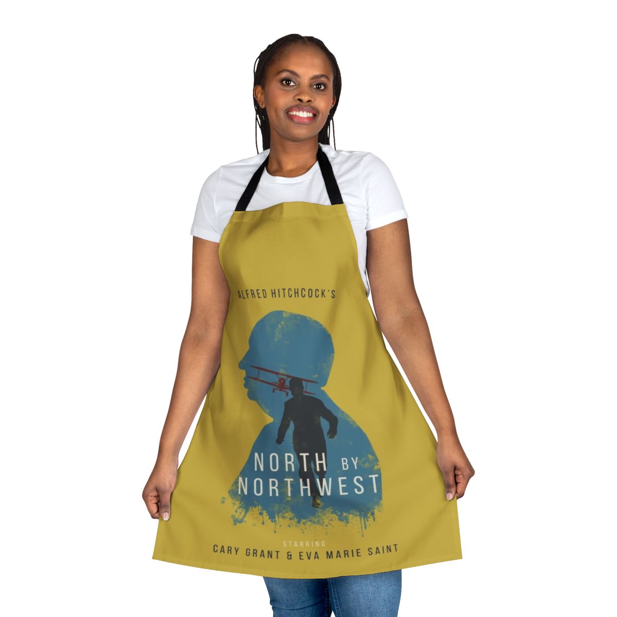 Vintage-style apron featuring the iconic Mount Rushmore scene from the Alfred Hitchcock film "North by Northwest"