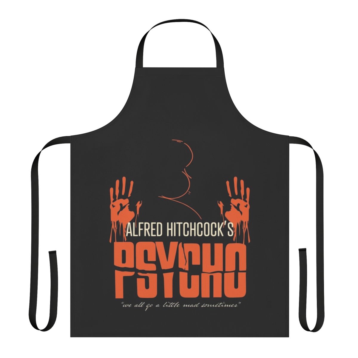 Retro-style apron featuring a portrait of Alfred Hitchcock and the movie title "Psycho"