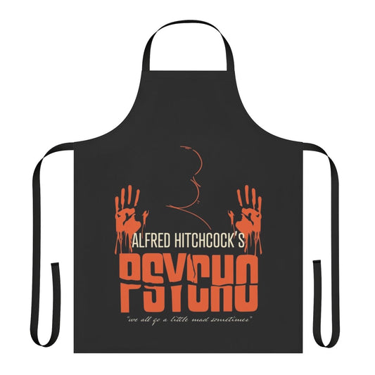 Retro-style apron featuring a portrait of Alfred Hitchcock and the movie title "Psycho"