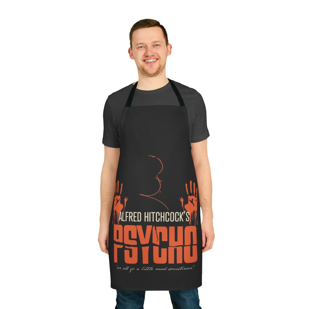 Retro-style apron featuring a portrait of Alfred Hitchcock and the movie title "Psycho"