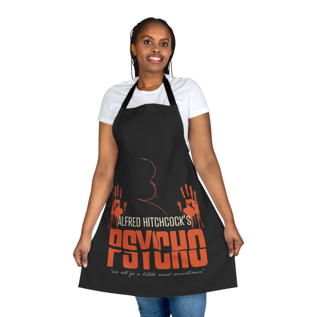 Retro-style apron featuring a portrait of Alfred Hitchcock and the movie title "Psycho"