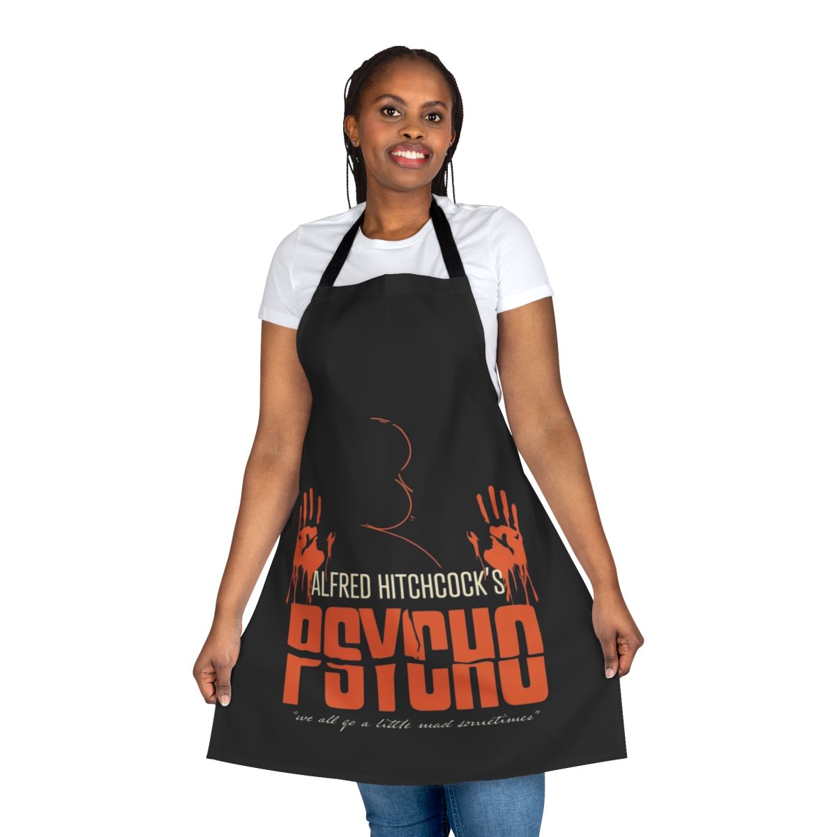 Retro-style apron featuring a portrait of Alfred Hitchcock and the movie title "Psycho"