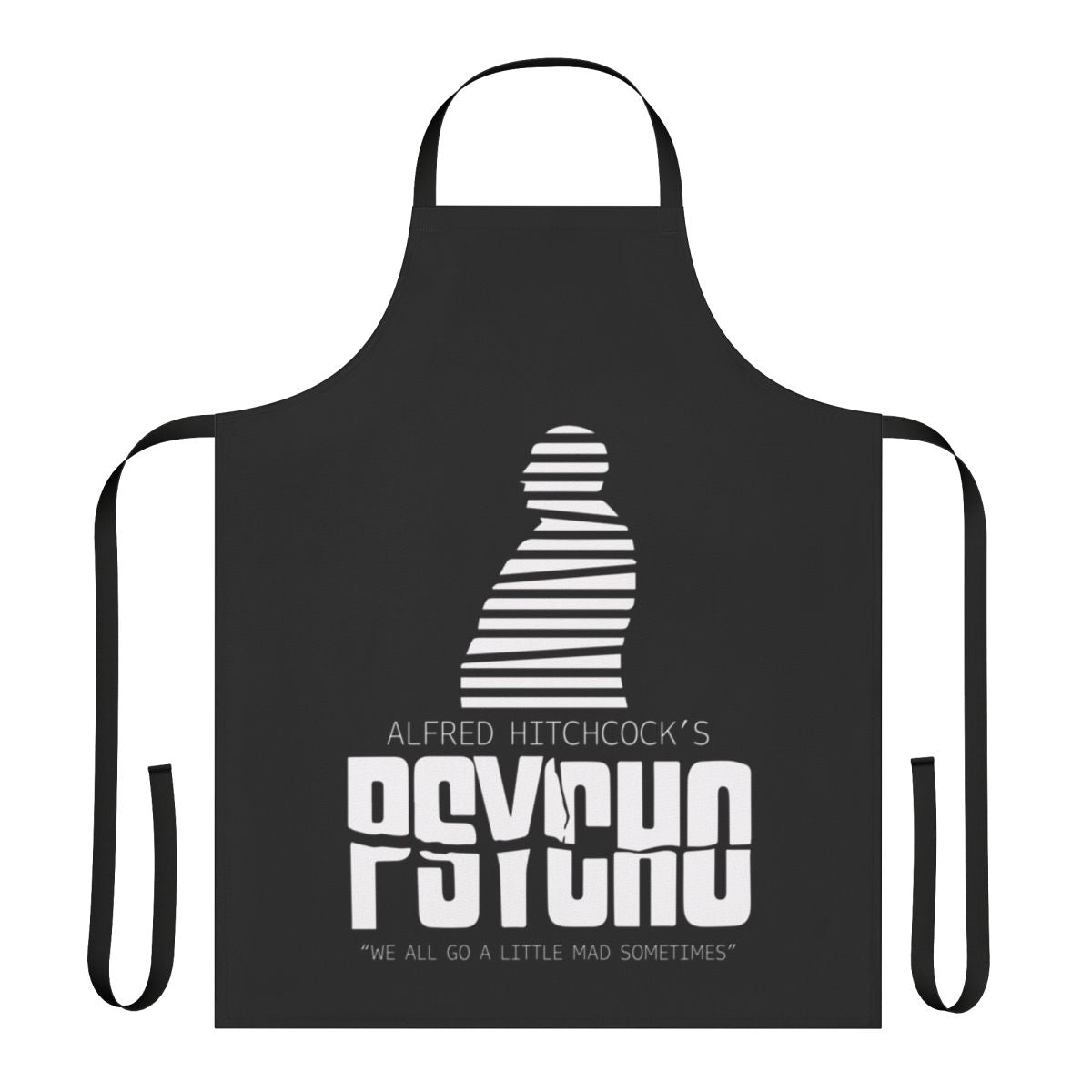 Retro black and white apron featuring iconic imagery from Alfred Hitchcock's classic thriller "Psycho"