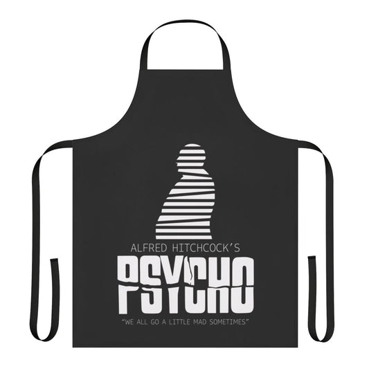 Retro black and white apron featuring iconic imagery from Alfred Hitchcock's classic thriller "Psycho"