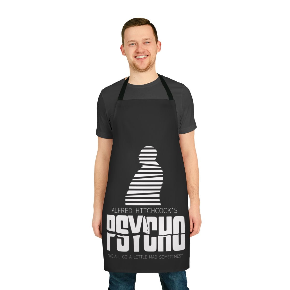 Retro black and white apron featuring iconic imagery from Alfred Hitchcock's classic thriller "Psycho"